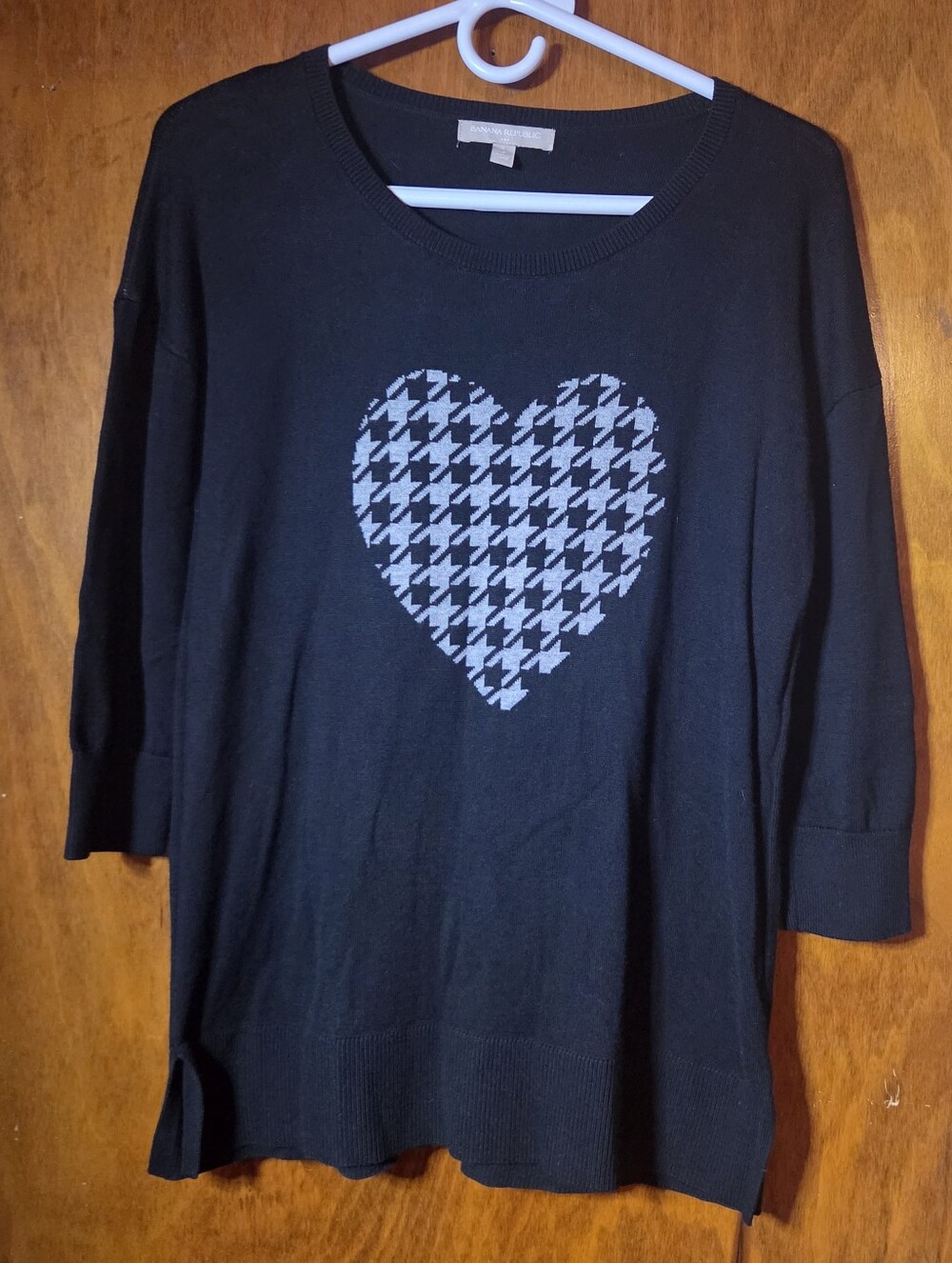 Banana Republic Black Knit Sweater Tunic Houndstooth Heart Graphic 3/4 Sleeve S